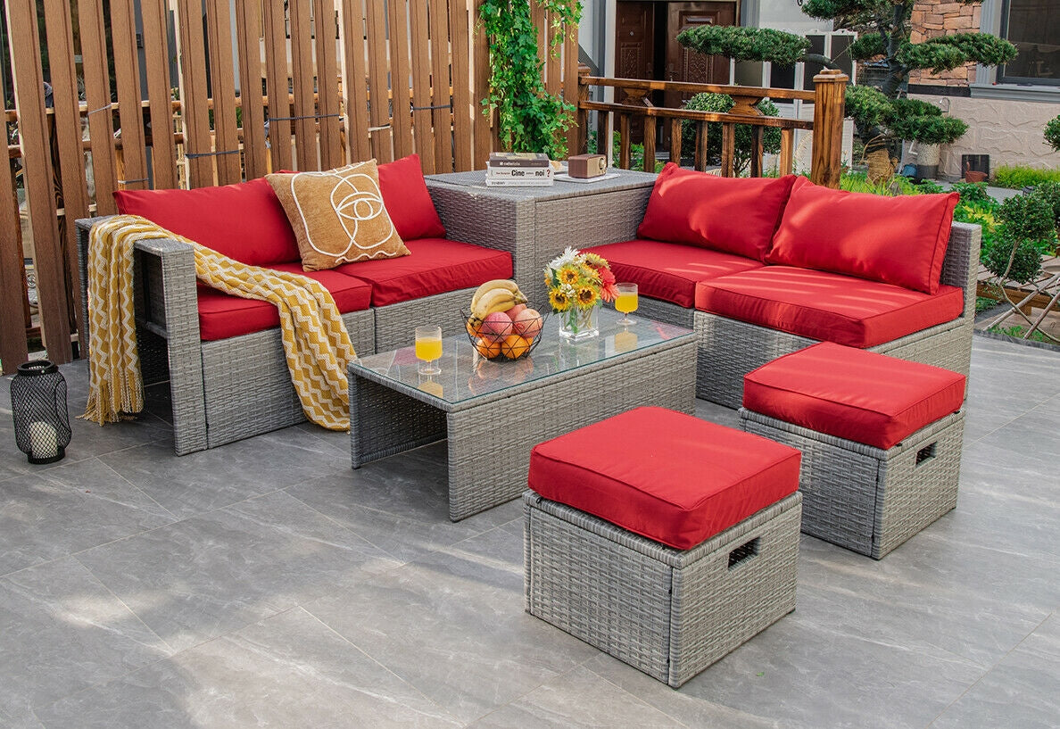 8-Piece Patio Rattan Furniture Set with Storage - Gray Rattan, Red