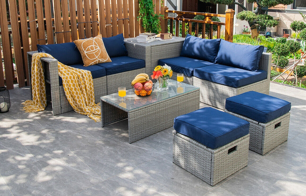 8-Piece Patio Rattan Furniture Set with Cushions & Cover - Gray, Navy