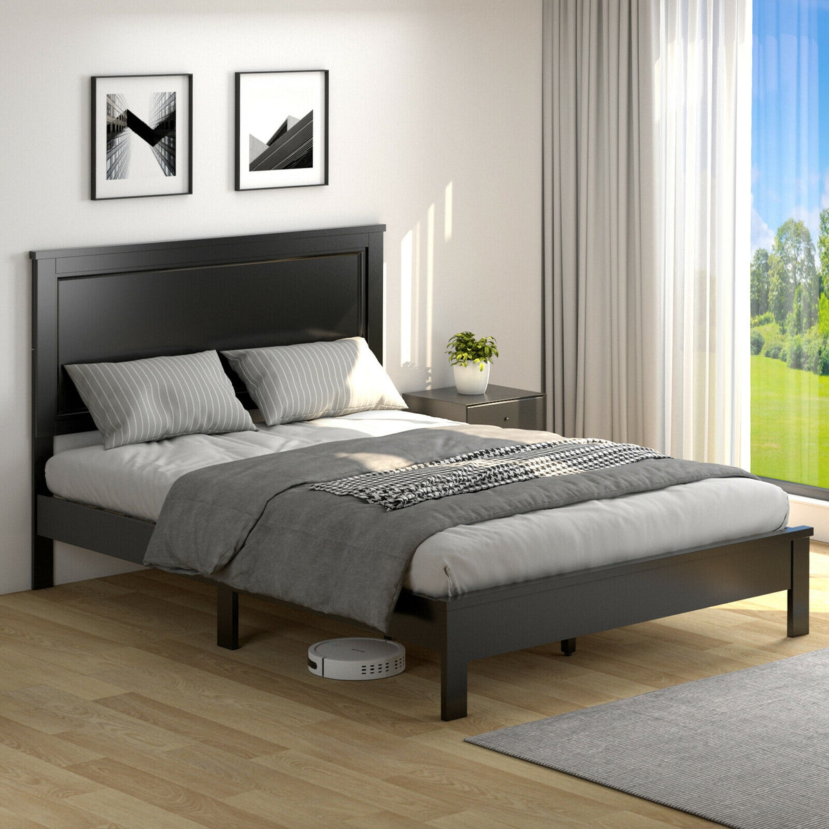 Full Size Platform Bed Frame with High Headboard - Black