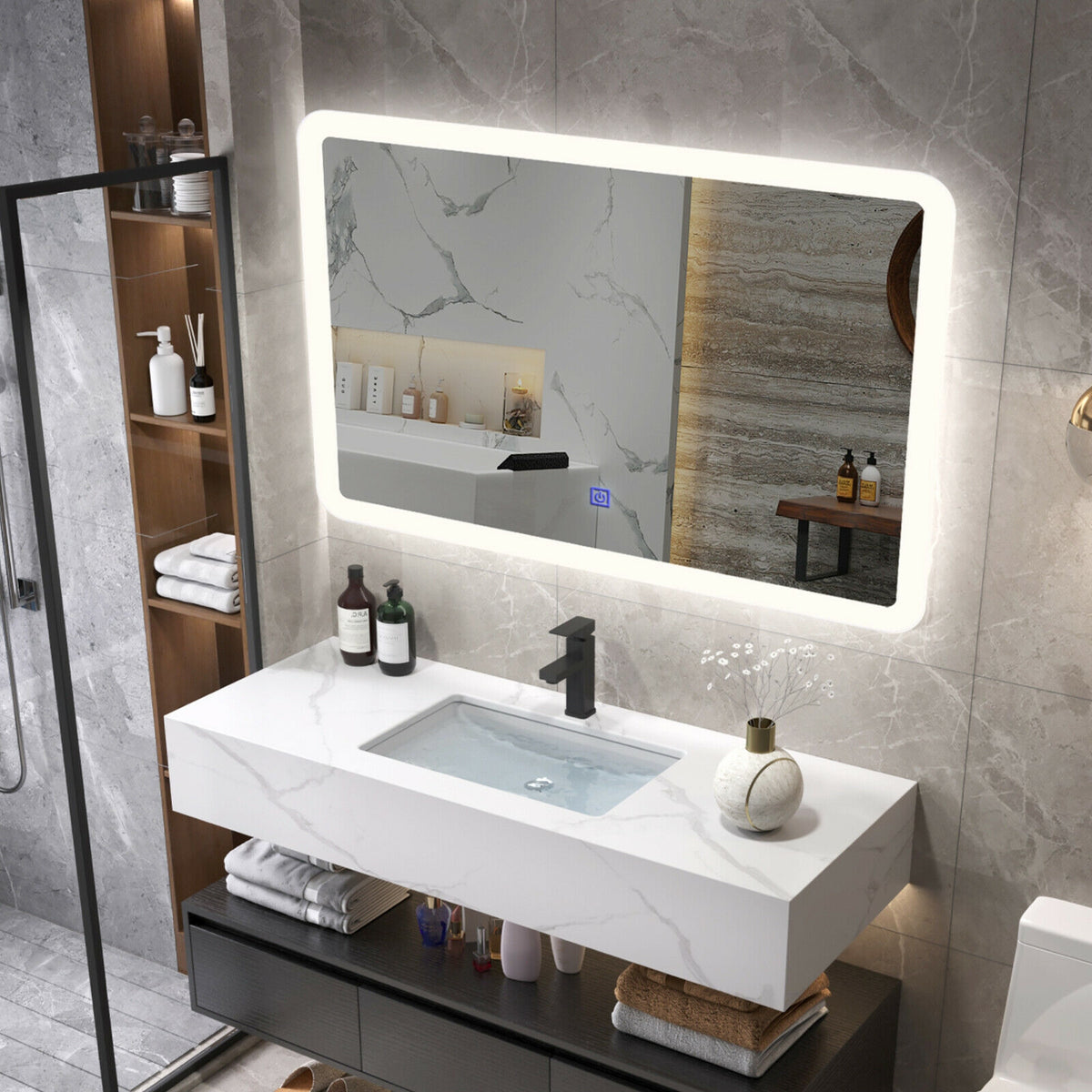 LED Wall-Mounted Bathroom Mirror with Touch Control - Rounded Arc Design