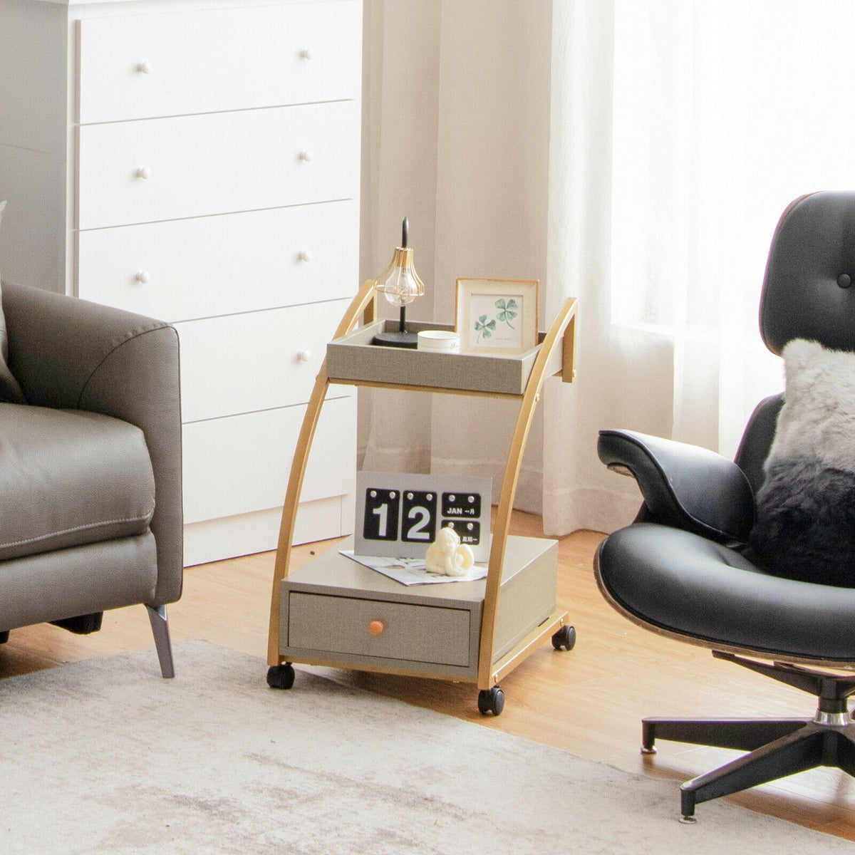 2-Tier Rolling End Table with Drawer - Gray