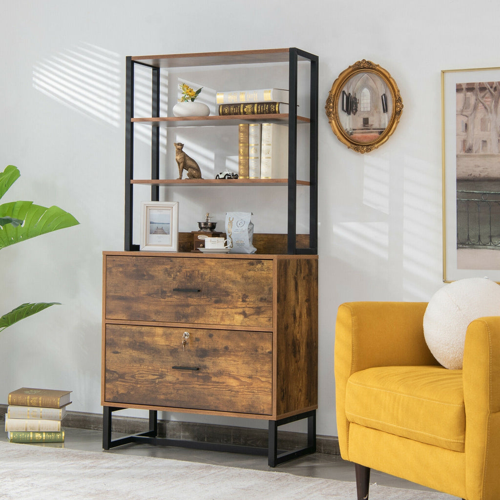 Letter Size File Cabinet with Bookshelf - Rustic Brown