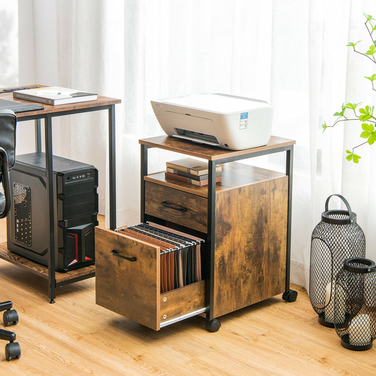 2-Drawer Mobile File Cabinet with Printer Stand – Rustic Brown