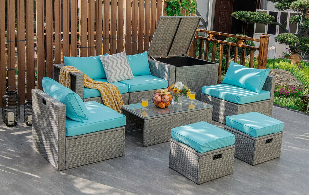 8-Piece Patio Rattan Furniture Set with Storage & Cushions - Gray Turquoise