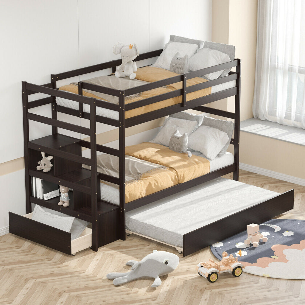 Twin Over Twin Bunk Bed with Storage & Staircase - Dark Brown