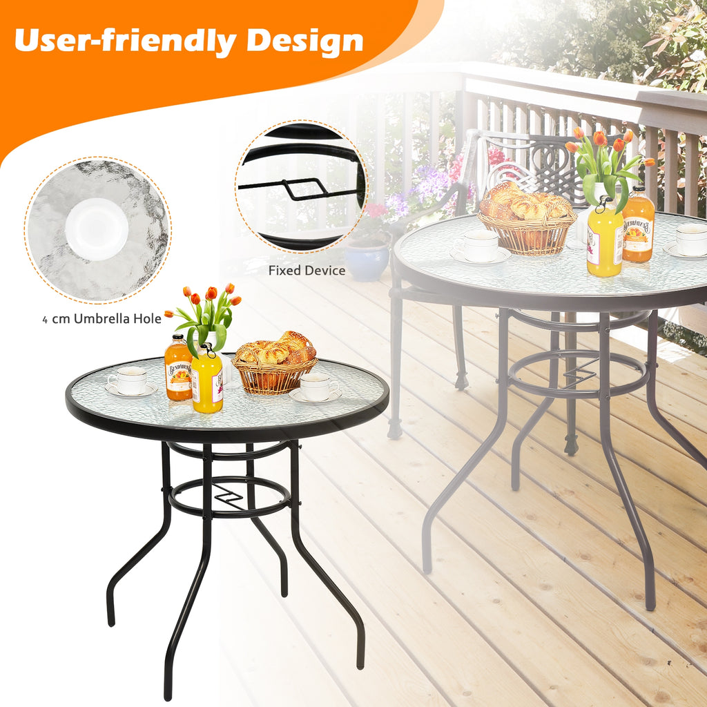 32-Inch Round Patio Tempered Glass Table with Umbrella Hole