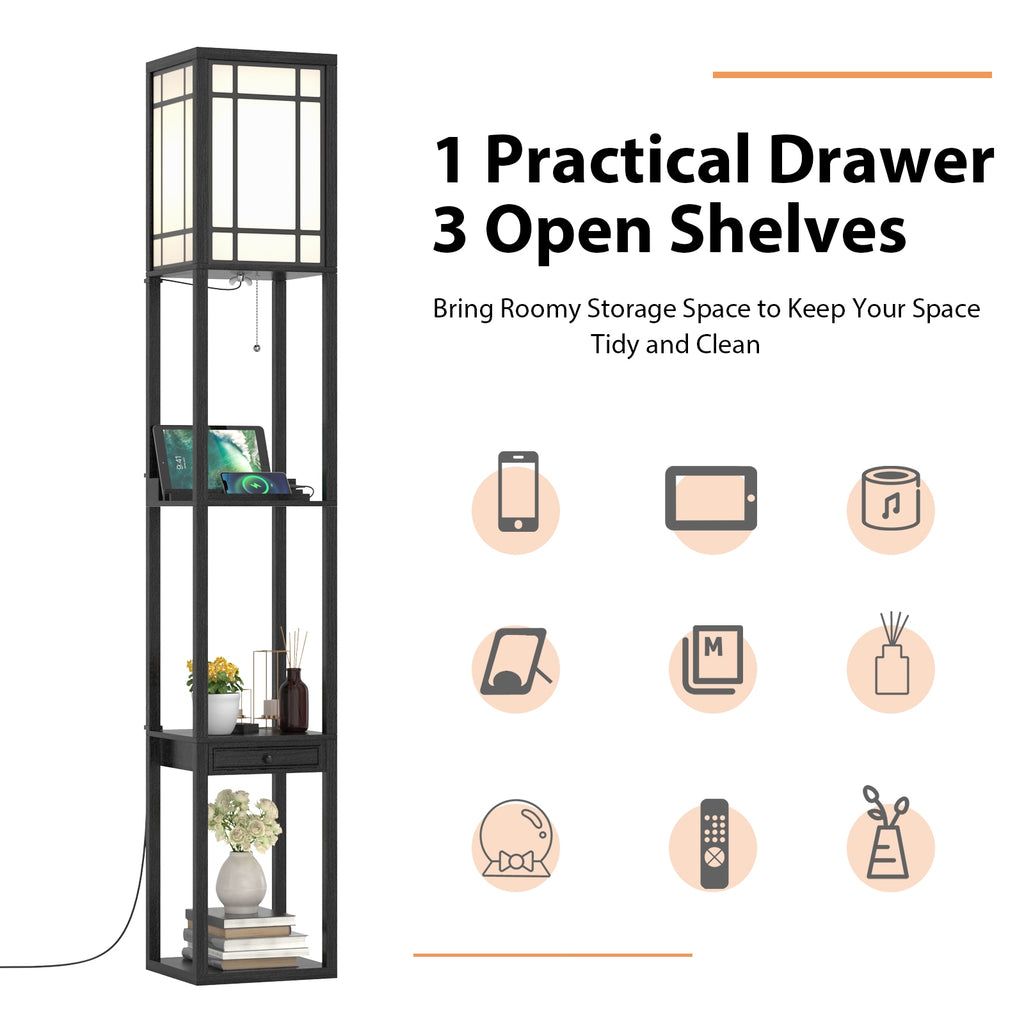 Modern Floor Lamp with Shelves Drawer USB Charging Outlet White Lampshade