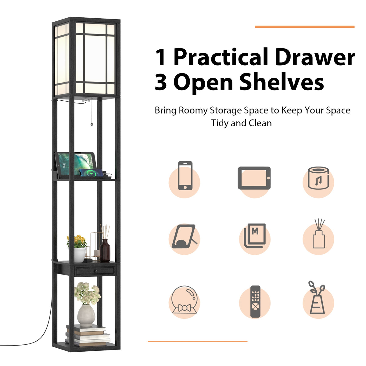 Modern Floor Lamp with Shelves Drawer USB Charging Outlet White Lampshade