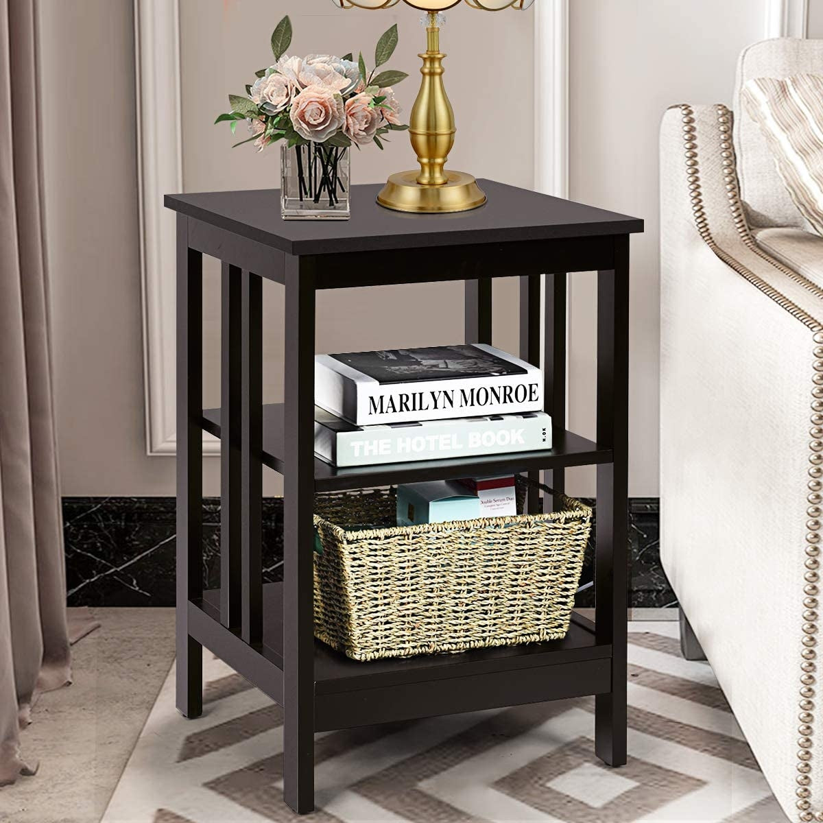 3-Tier Nightstand Set of 2, Dark Brown - Style B