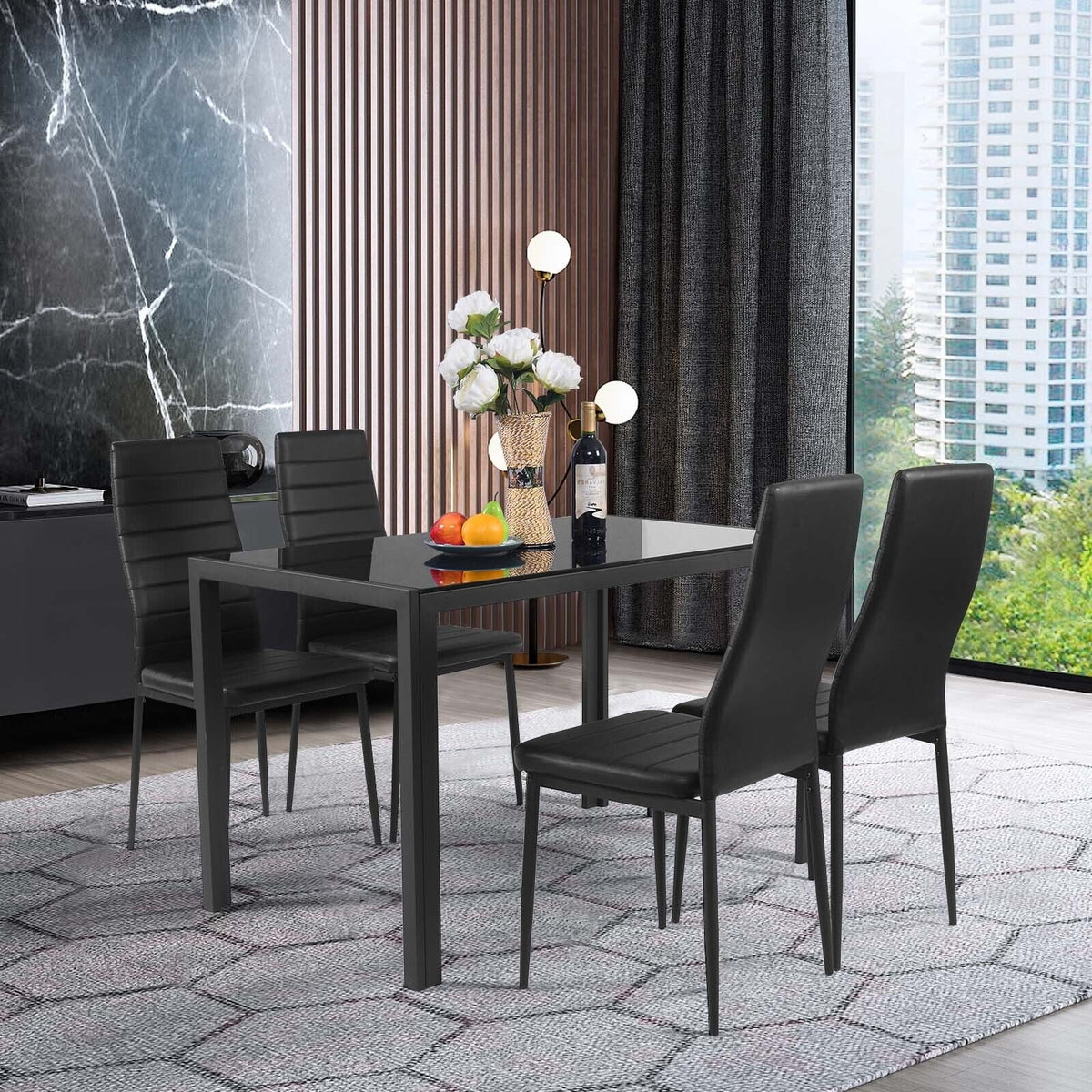 Leather Dining Chairs Set of 4 with Metal Frame - Horizontal Stripes