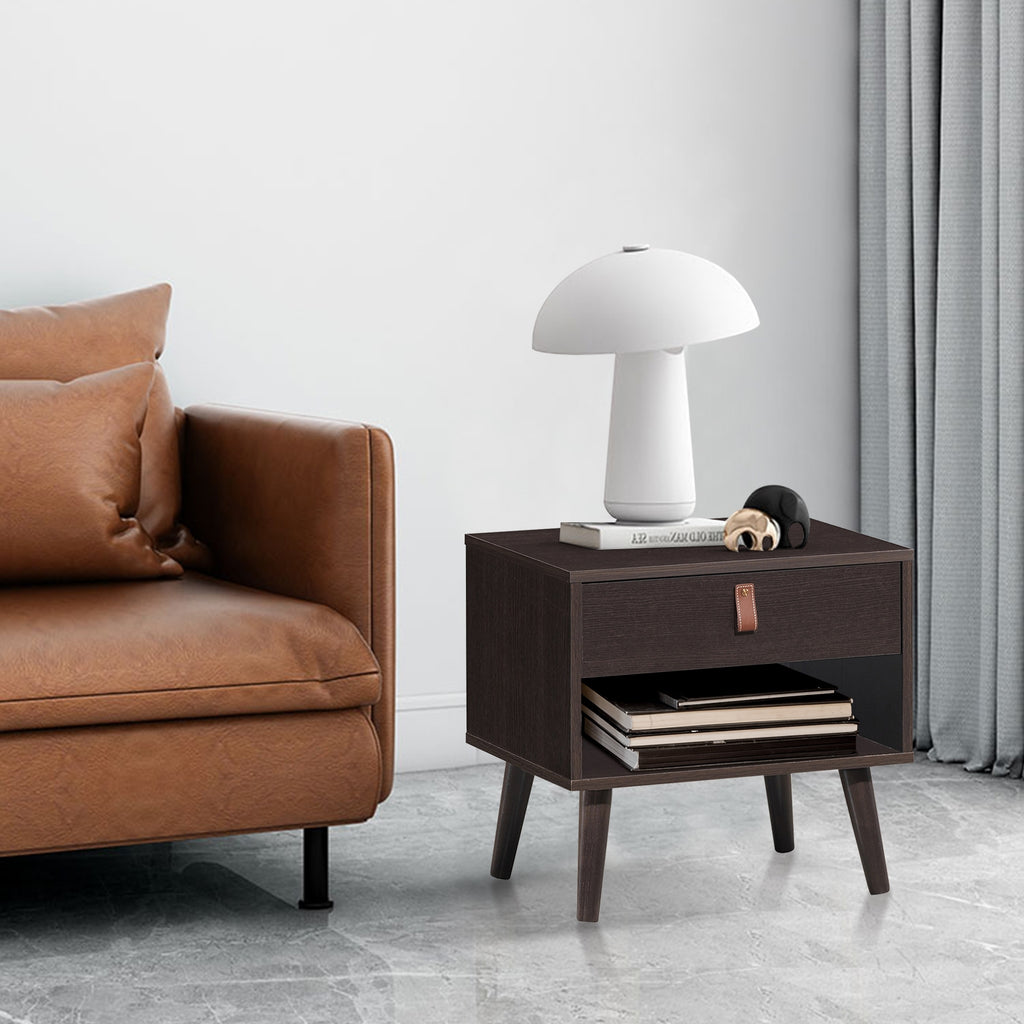 Mid-Century Nightstand with Drawer & Shelf Storage - Brown
