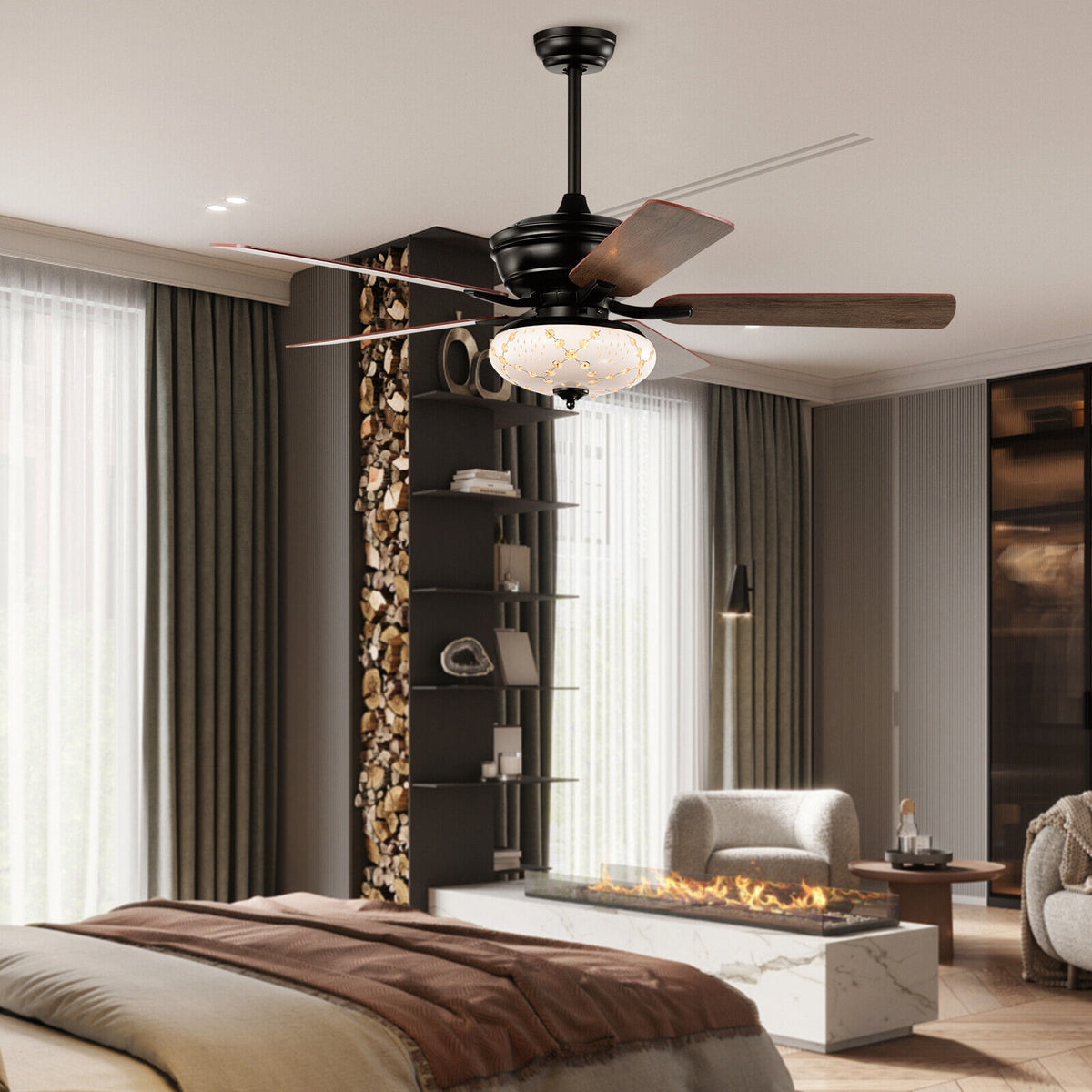 52 Inch Ceiling Fan with 3 Speed Reversible Blades - Black, Remote Control