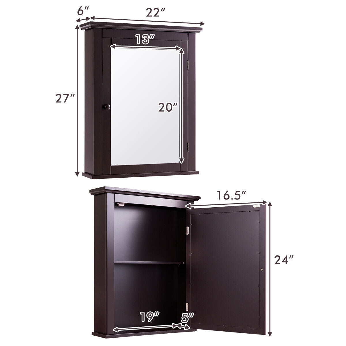 Wall Mount Bathroom Cabinet with Mirror Single Door Brown