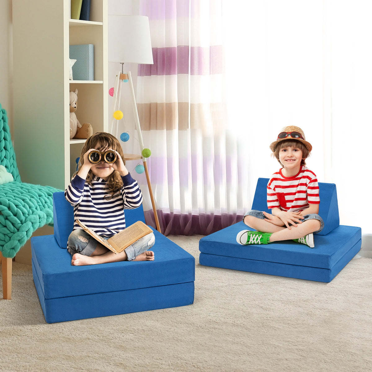 Girls Boys Modular Sofa Play Couch Set with 2 Folding Mats & 2 Triangular Pillows - Blue, 4 Pieces