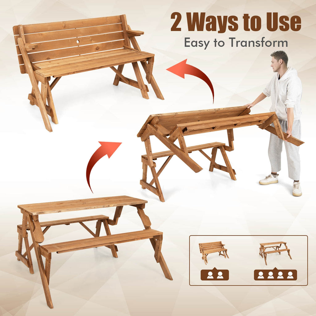 2-in-1 Picnic Table Bench with Umbrella Hole - 54" x 18.5", Dark Brown