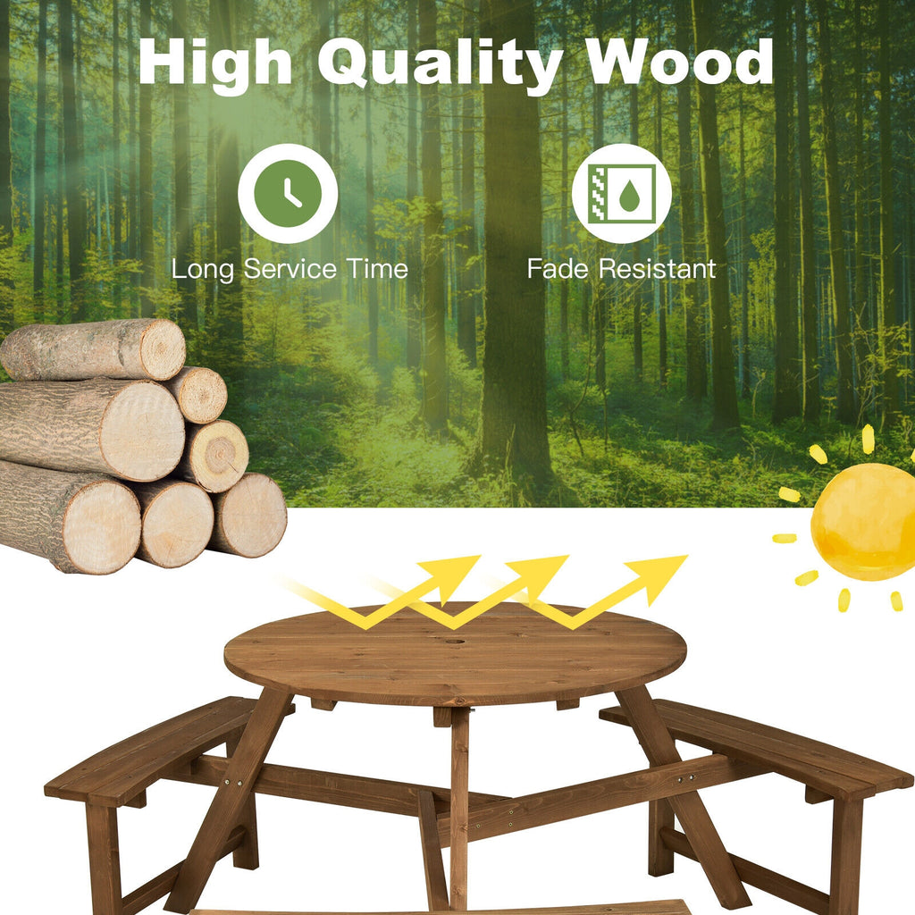 6-person Round Wooden Picnic Table with Umbrella Hole and 3 Built-in