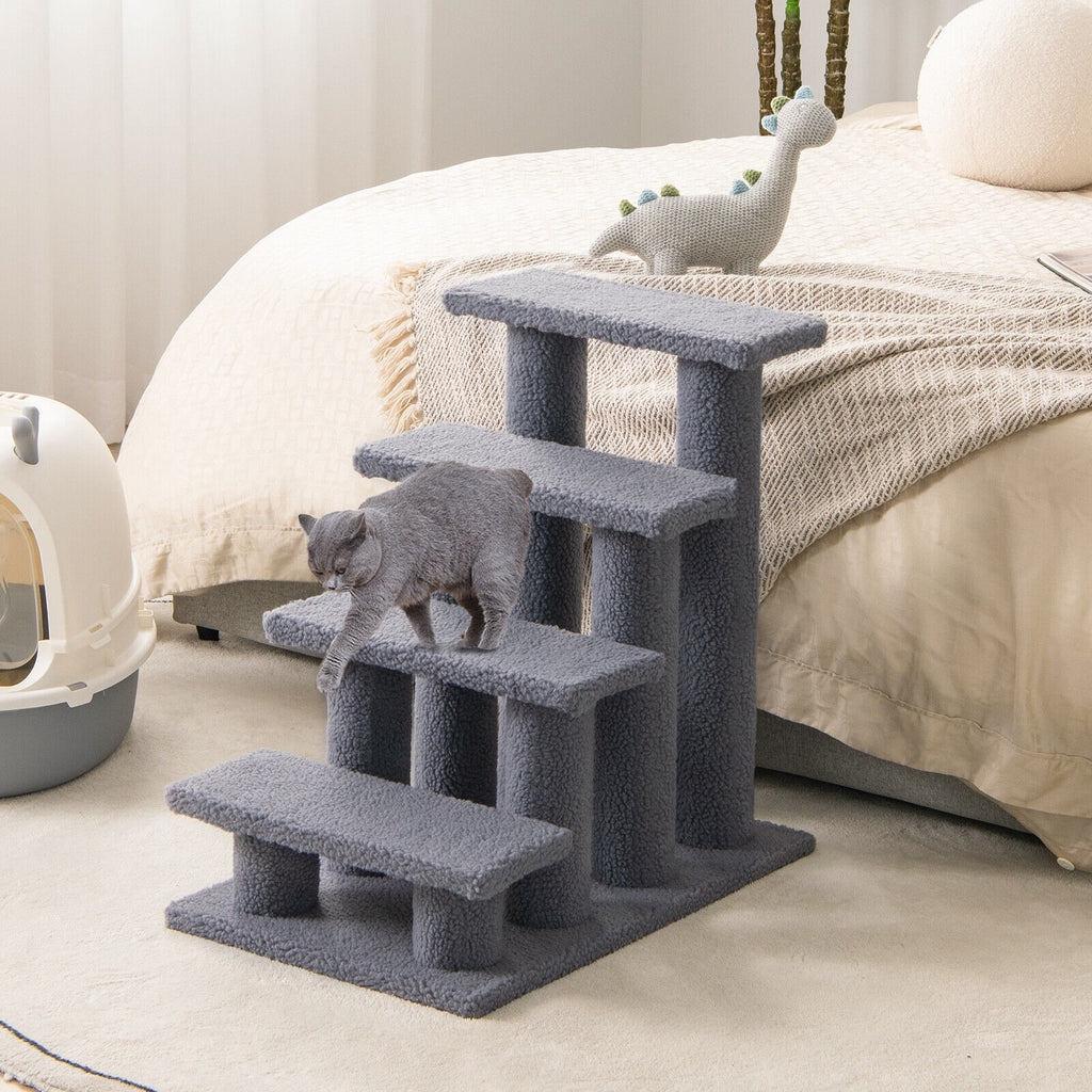 24 Inch Beige 4-Step Pet Stairs with Carpeted Climber & Scratching Posts
