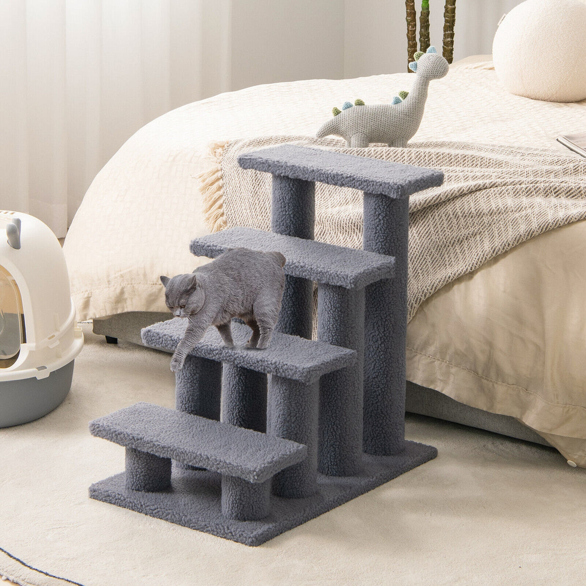 24 Inch Beige 4-Step Pet Stairs with Carpeted Climber & Scratching Posts