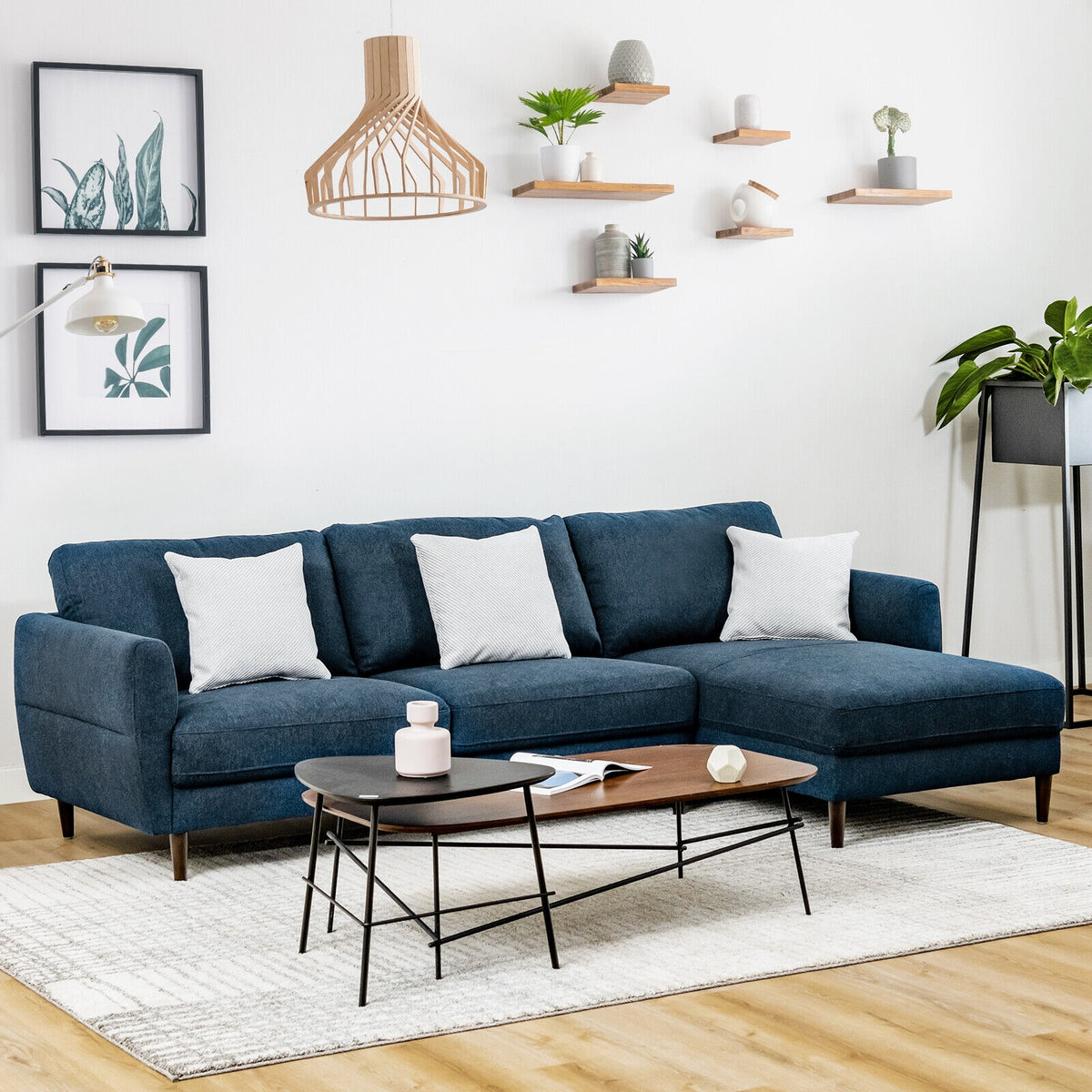 L-Shaped Fabric Sectional Sofa with Chaise Lounge – Navy