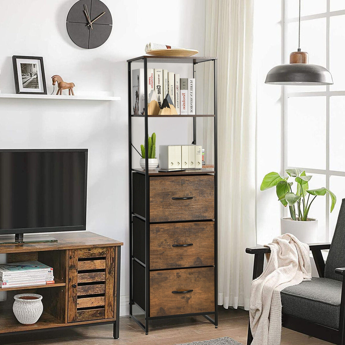 Tall Storage Rack Bookshelf with 3 Folding Drawers and Shelves