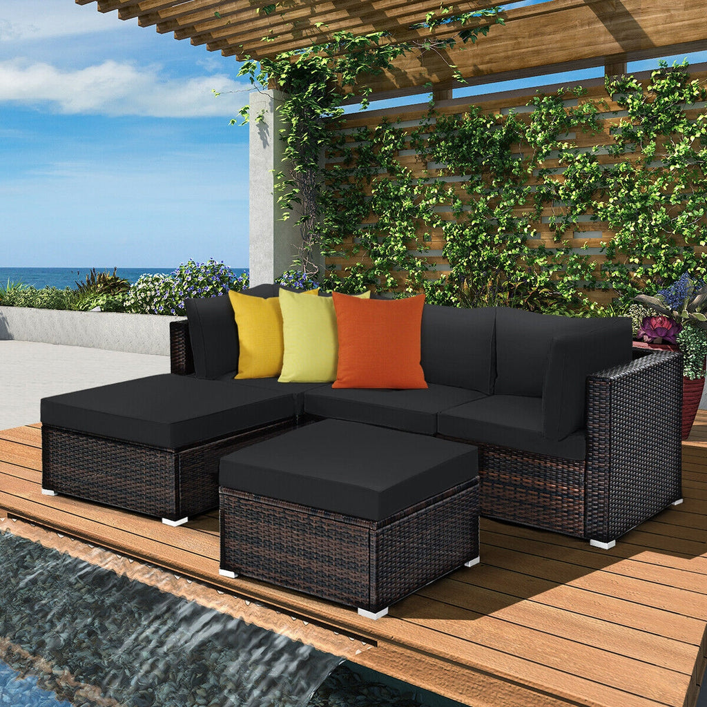 5-Piece Patio Sectional Sofa Set with Ottoman & Cushions - Blue