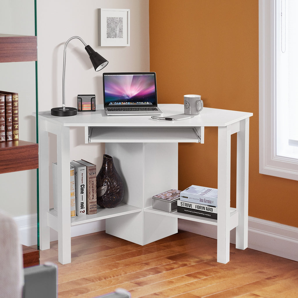 Wooden Study Computer Corner Desk with Keyboard Tray