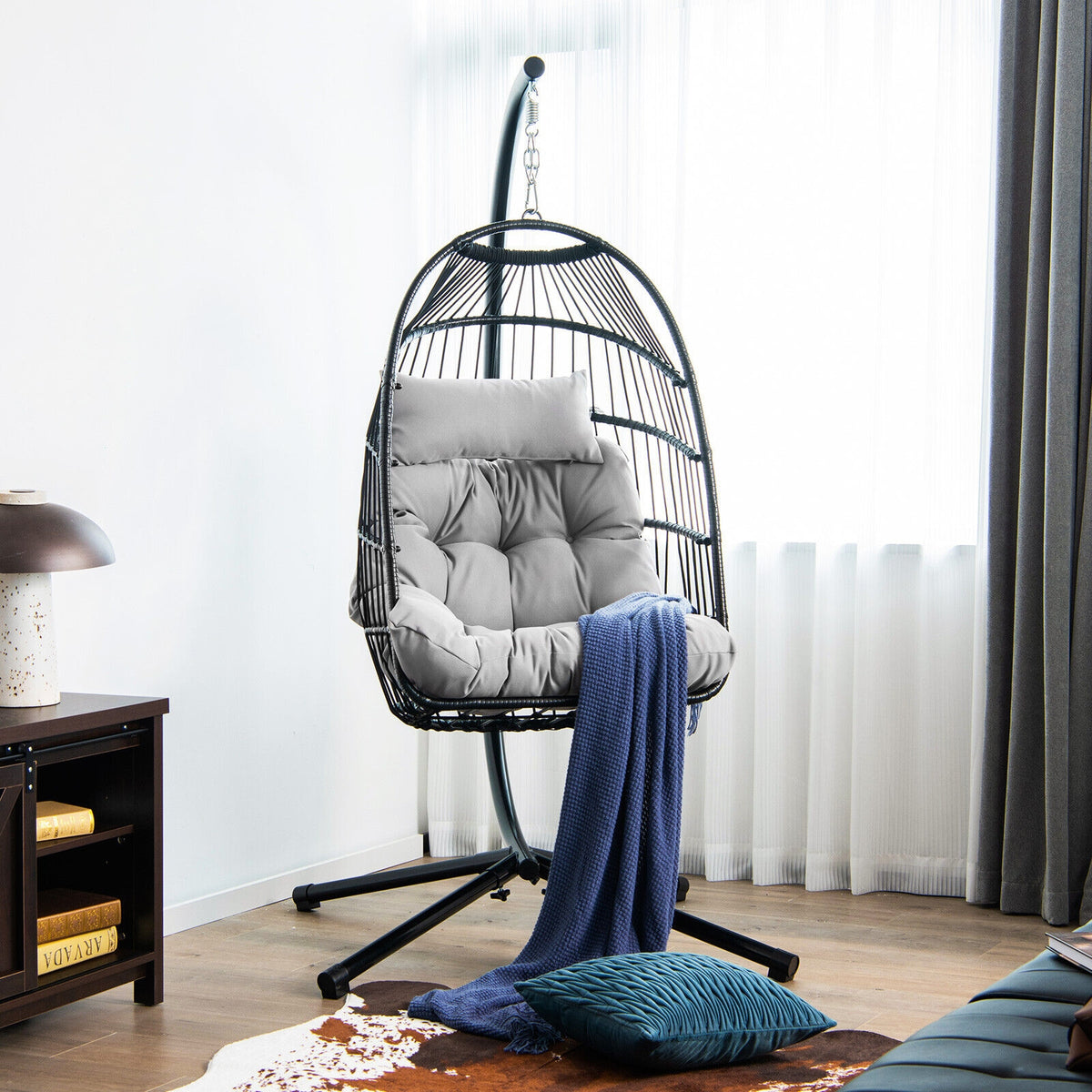 Patio Hanging Egg Chair with Stand Waterproof Cover and Folding Basket