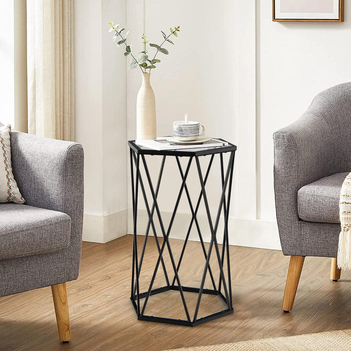 Hexagonal Tempered Glass End Table with Metal Frame