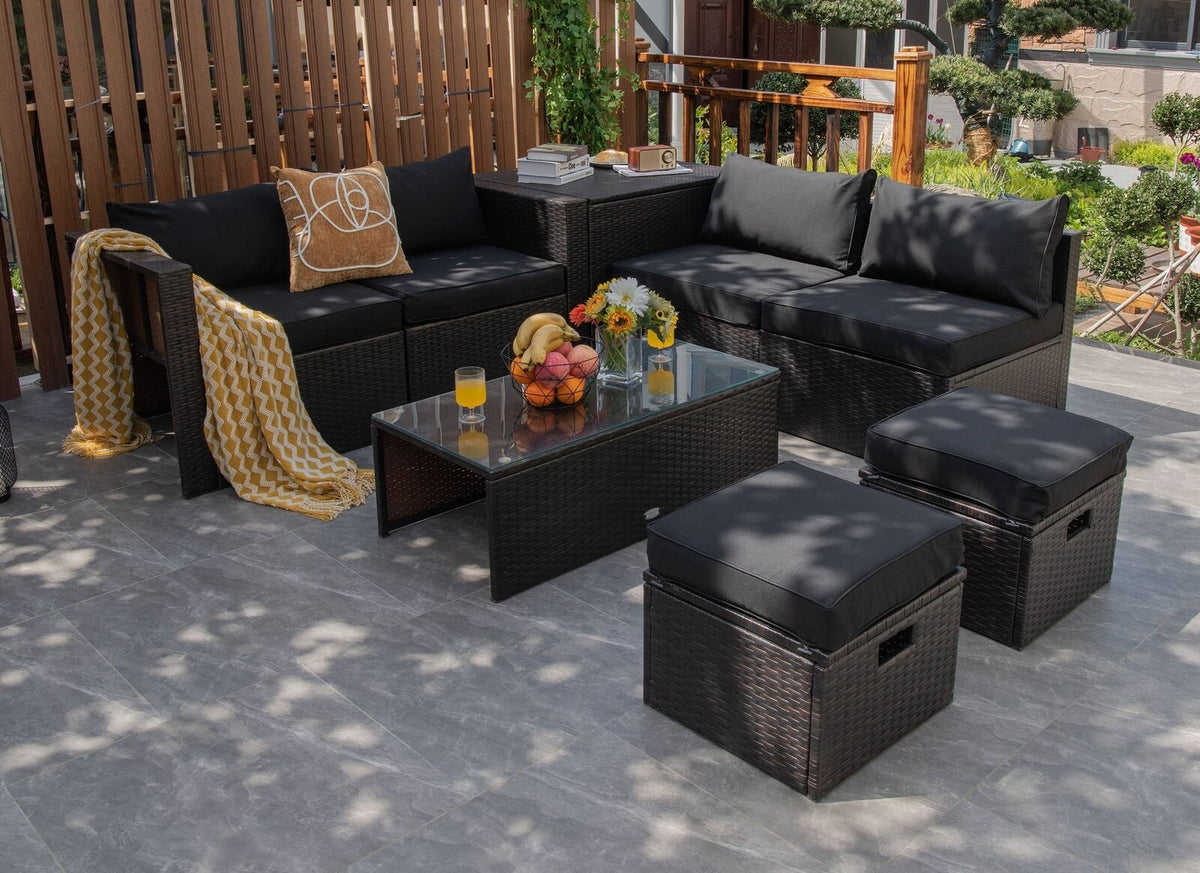 8-Piece Patio Rattan Furniture Set with Storage Box & Waterproof Cover - Brown, Navy