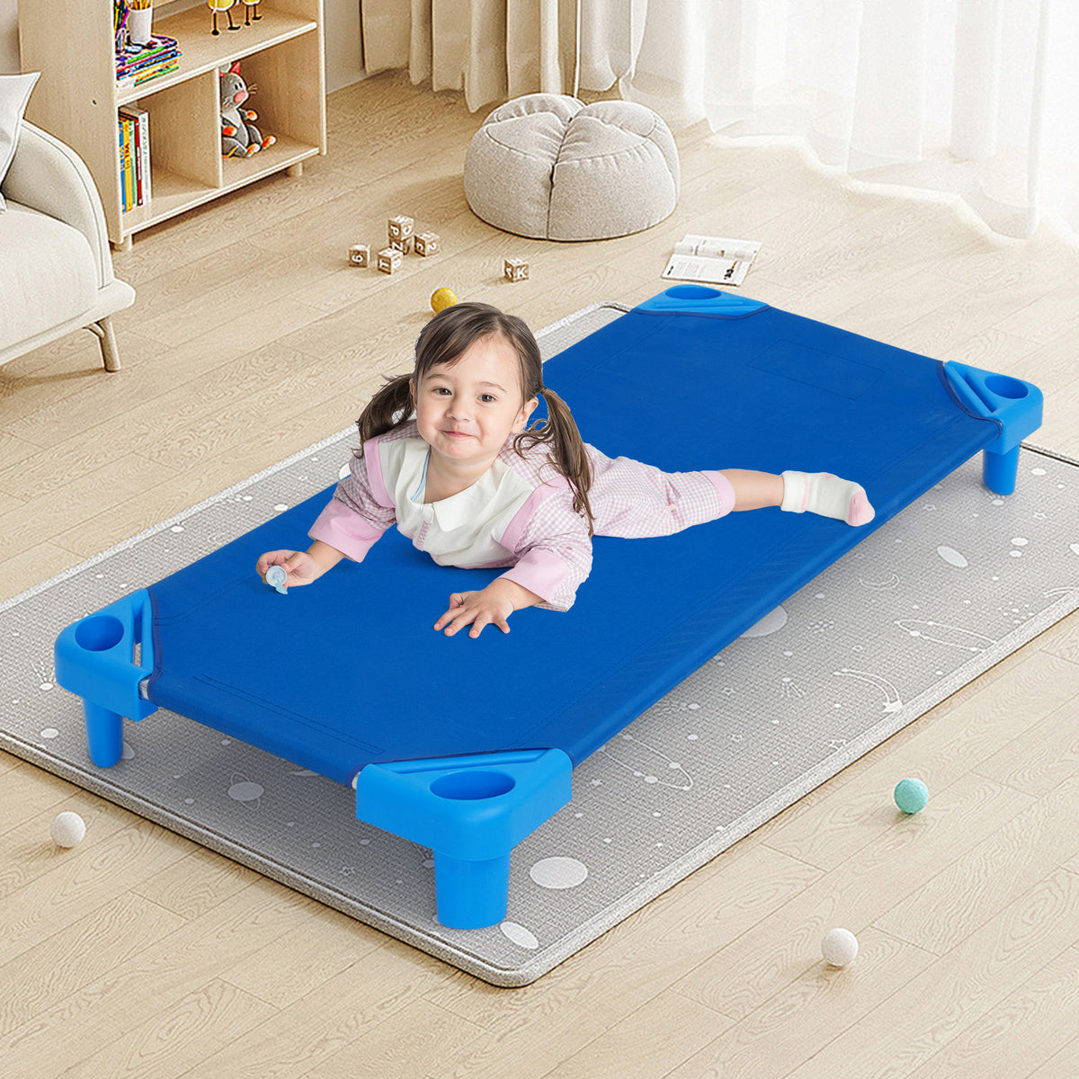 Kids Stackable Daycare Cot Set of 6 - 51 Inches, Blue, Detachable Oxford Cloth