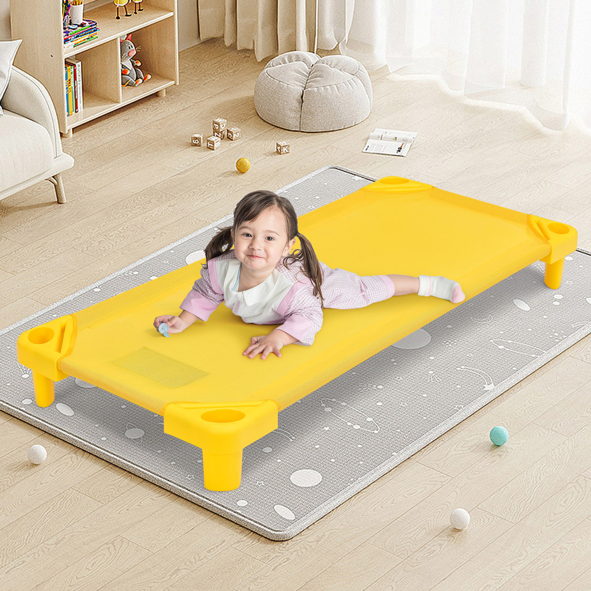 Kids Stackable Naptime Cot Set of 4 - 51 Inches, Colorful, Space-Saving Bed Frames