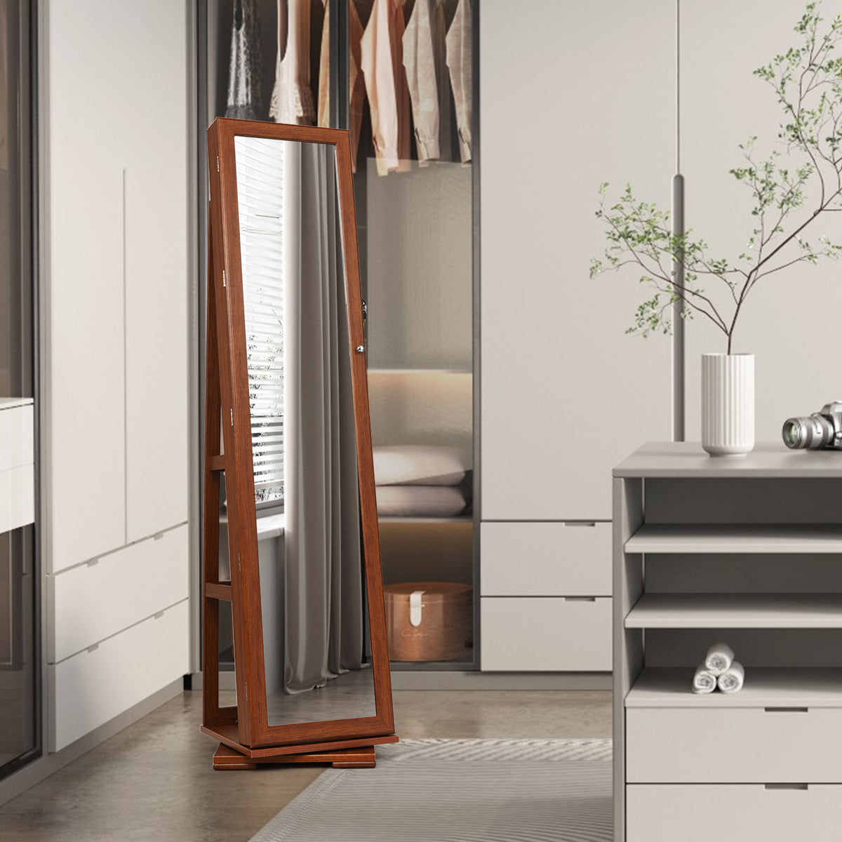 360° Rotating Jewelry Cabinet with Mirror - 3 Shelves, Brown