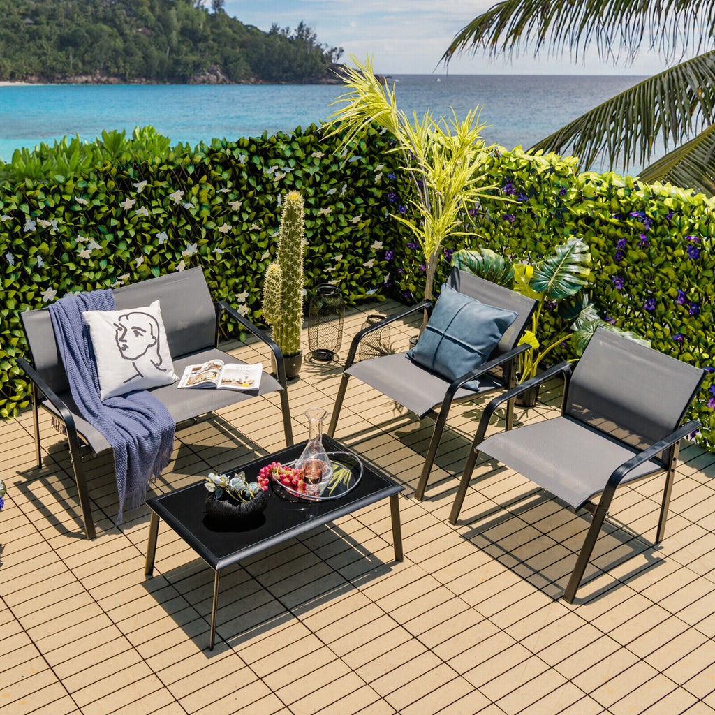 4-Piece Patio Furniture Set with Loveseat Sofas and Glass Table - Gray