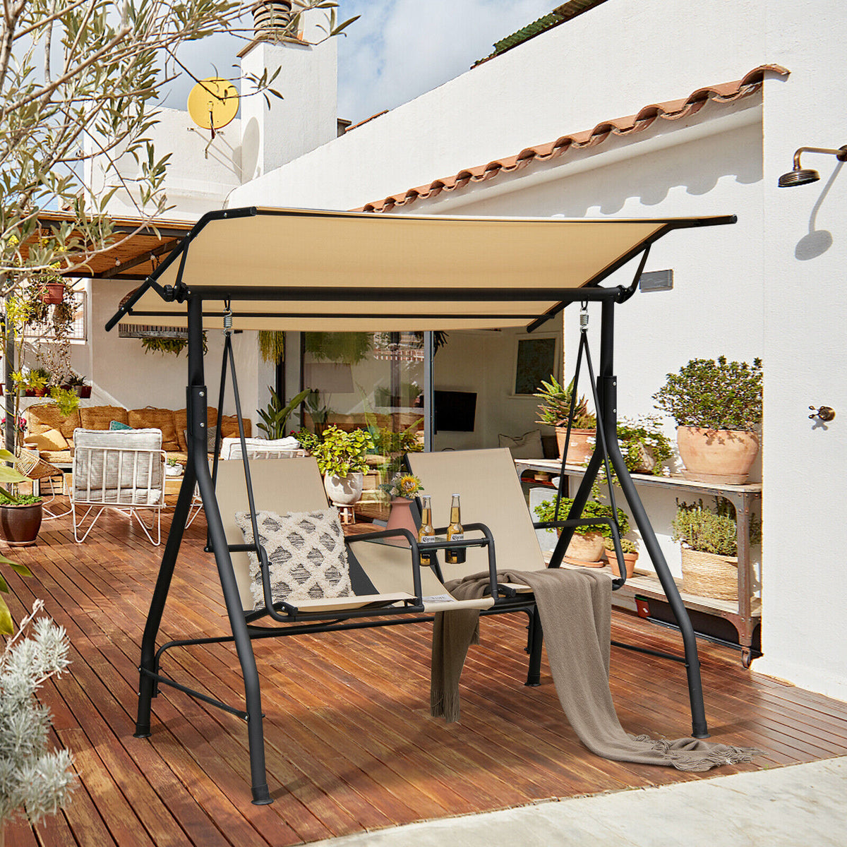 2-Seat Outdoor Cushioned Porch Swing with Adjustable Canopy and
