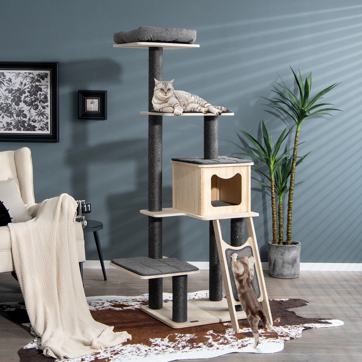 5-Tier Modern Wooden Cat Tower with Washable Cushions - Gray, 5-Layer