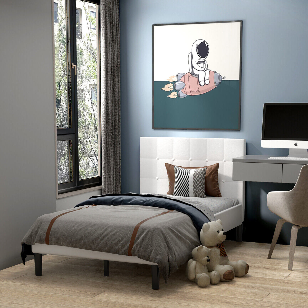 Twin Upholstered Bed Frame Button Tufted Headboard - Beige