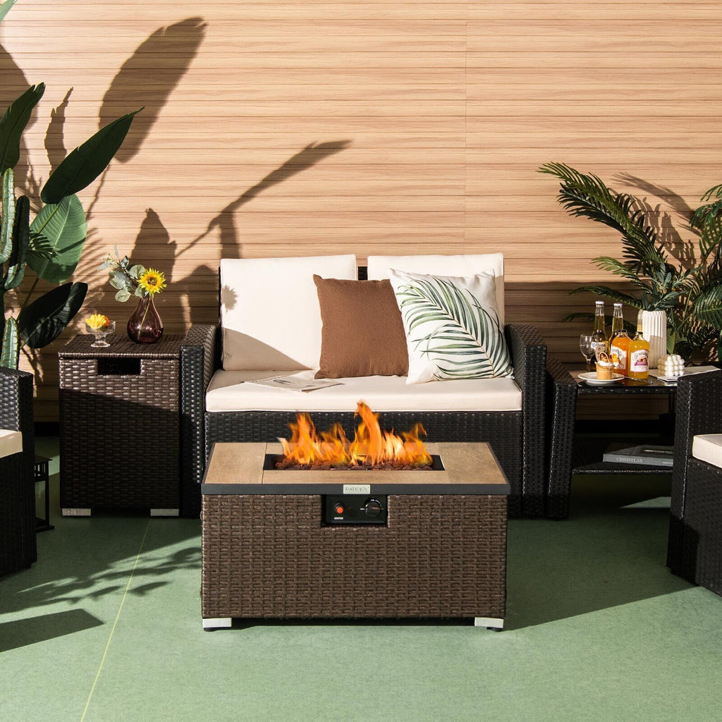 32 x 20 Propane Rattan Fire Pit Table with Side Table - Brown