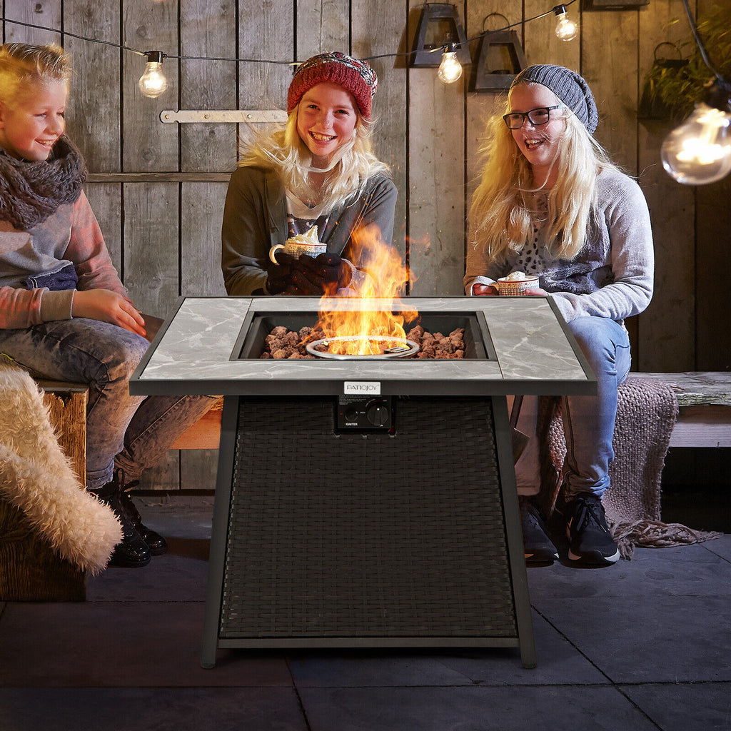 35 Inch Propane Fire Pit Table with Rattan Wicker - Black