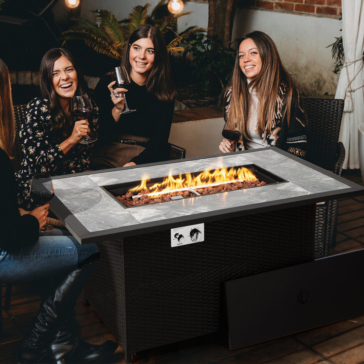 52 Inch Rattan Wicker Propane Fire Pit Table with Rain Cover and Lava