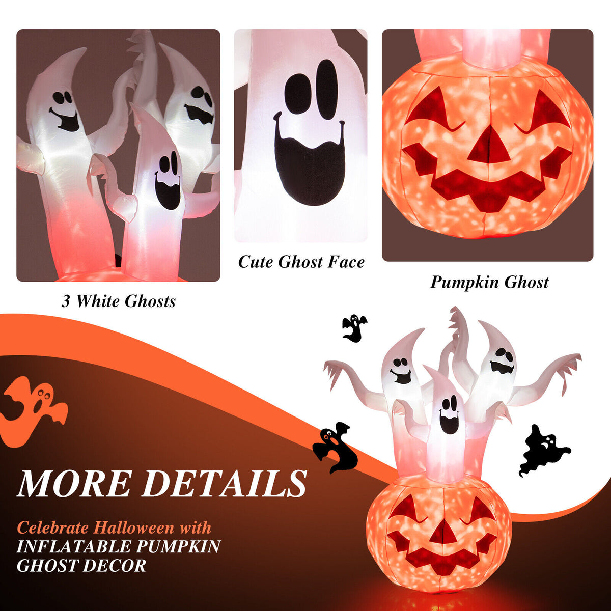 Inflatable Halloween Ghosts with Pumpkin Decor & Rotating Lamp - 6 Feet