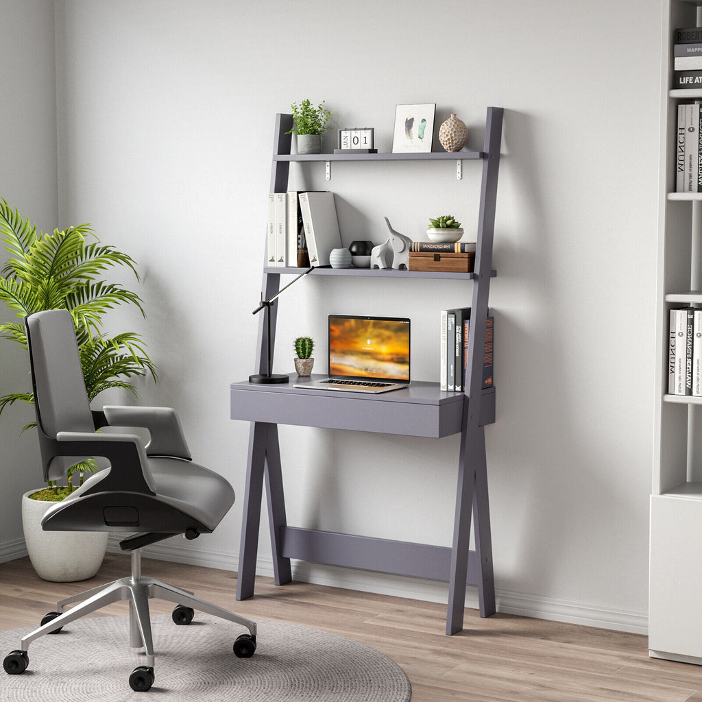 Ladder Shelf Desk with Pull-out Drawer and Anti-Toppling Device
