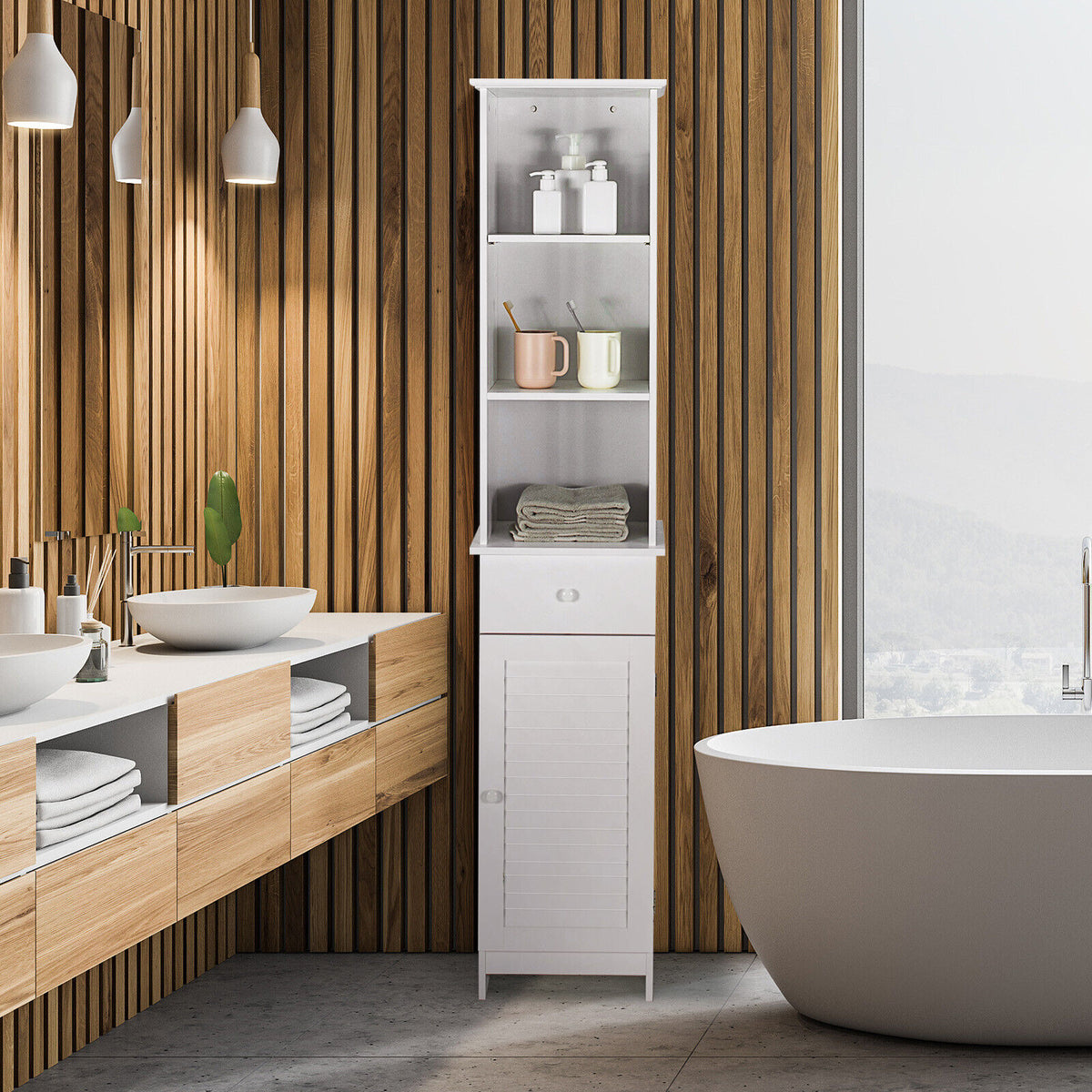 Bathroom Tall Freestanding Storage Cabinet with Open Shelves and