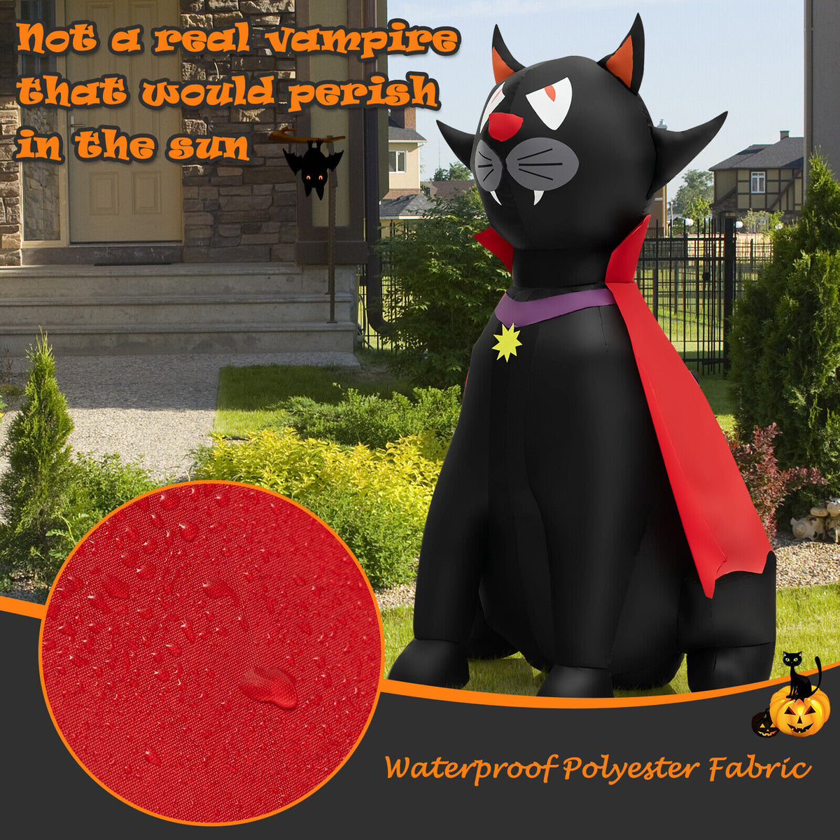 Halloween Inflatable Vampire Cat with Red Cloak - 4.7 Feet Outdoor Decoration