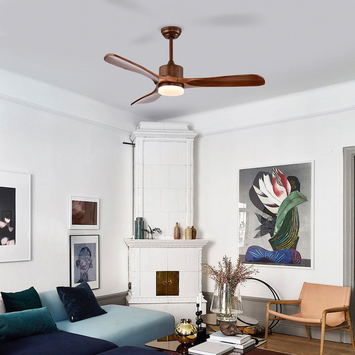 52 Inch Reversible Ceiling Fan with LED Light and Adjustable Temperature - Silver