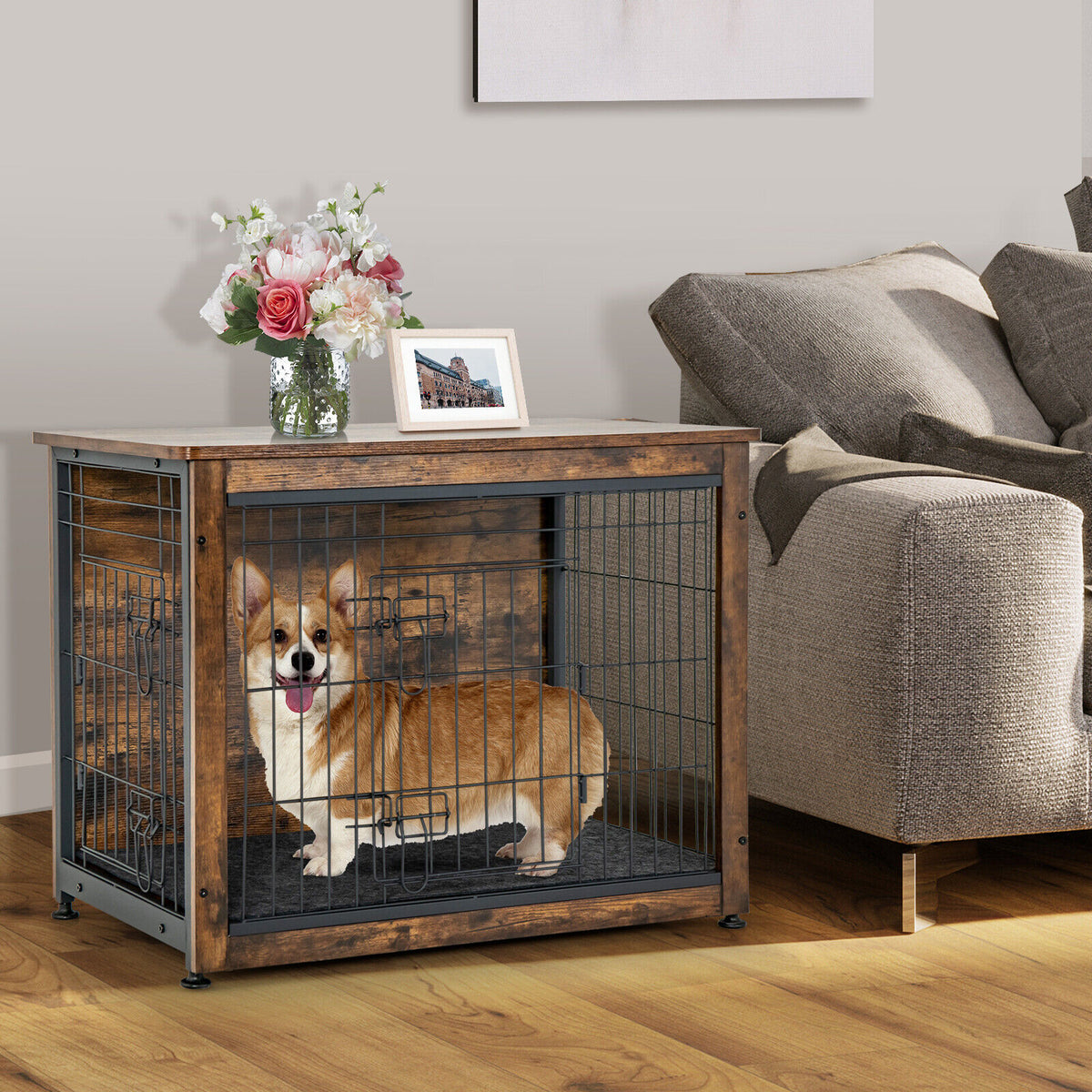Wooden Dog Crate Furniture with Double Door & Tray - Brown