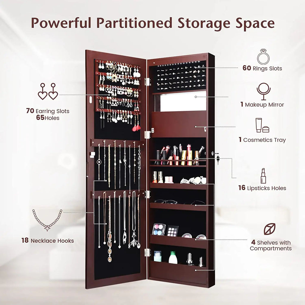 Lockable Wall-Mounted Jewelry Cabinet with LED Lights - Brown
