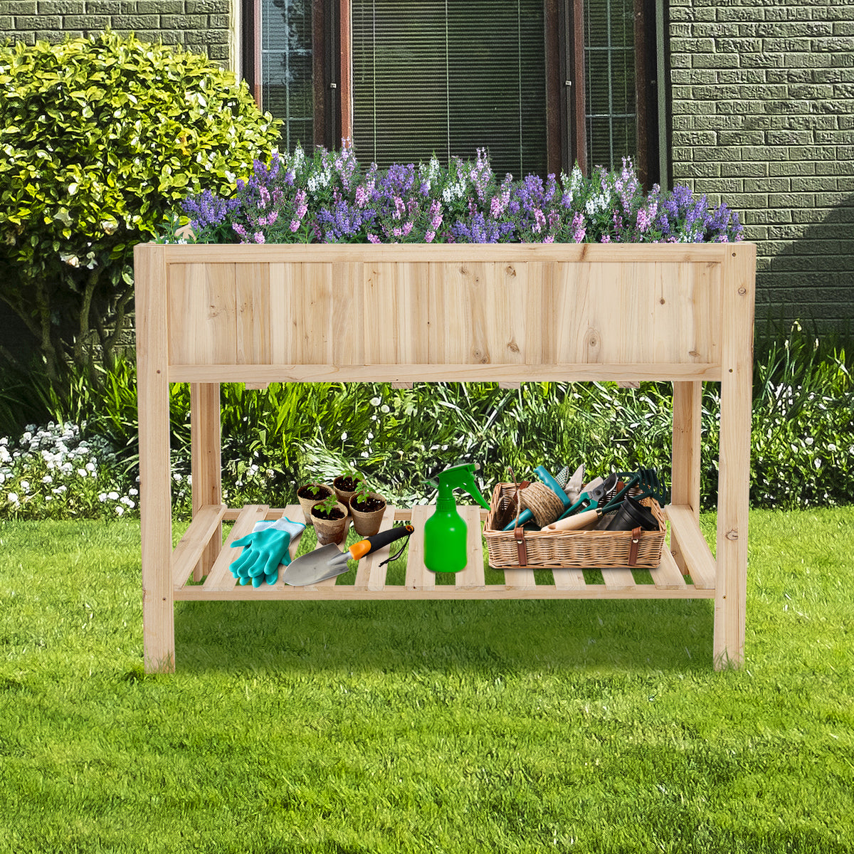 47 Inch Wooden Raised Garden Bed with Bottom Shelf and Liner