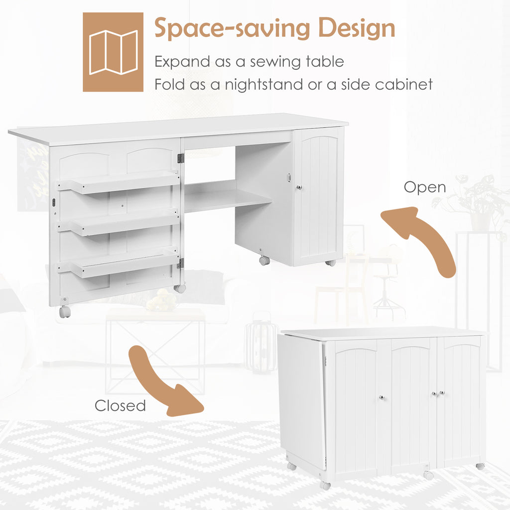 Folding Sewing Table with Storage Shelves and Lockable Casters - White