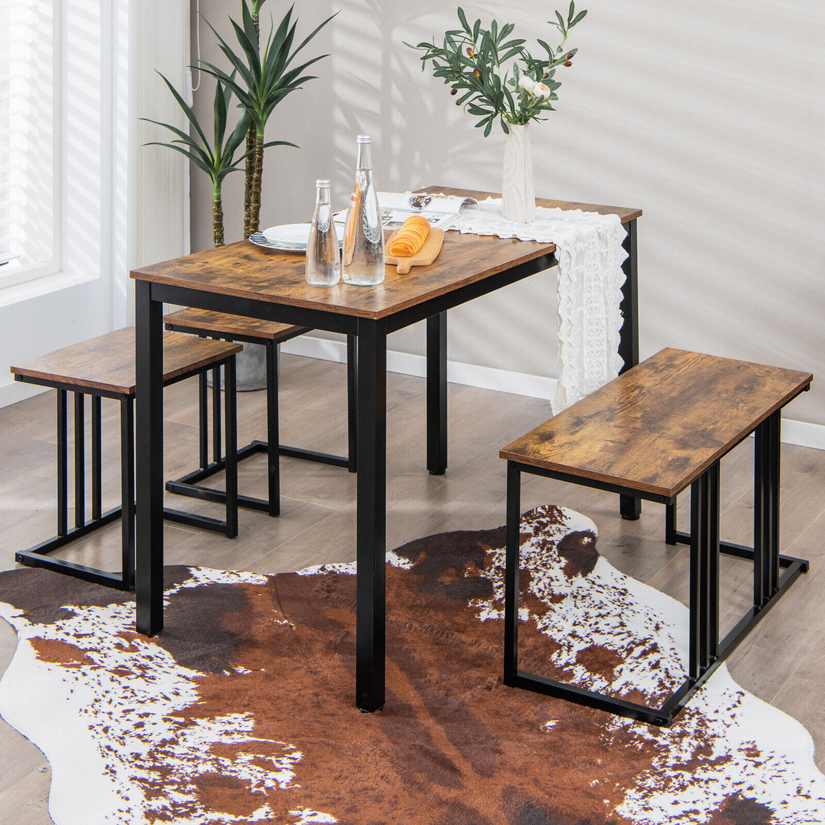 4-Piece Dining Table Set with Bench & 2 Stools – Oak