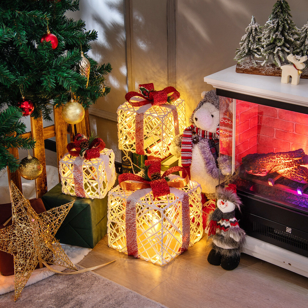 Set of 3 Lighted Christmas Gift Boxes Decorations with Red Bows - Indoor Outdoor Holiday Decor